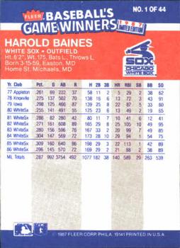 1987 Fleer Baseball's Game Winners #1 Harold Baines Back