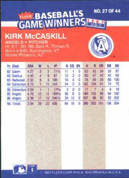 1987 Fleer Baseball's Game Winners #27 Kirk McCaskill Back