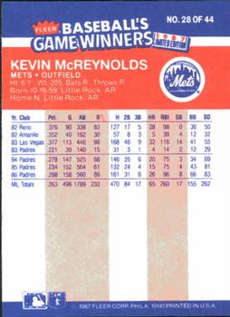 1987 Fleer Baseball's Game Winners #28 Kevin McReynolds Back