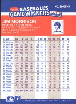 1987 Fleer Baseball's Game Winners #29 Jim Morrison Back