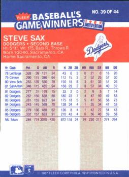 1987 Fleer Baseball's Game Winners #39 Steve Sax Back