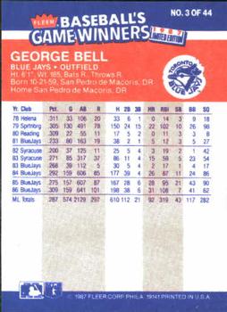 1987 Fleer Baseball's Game Winners #3 George Bell Back