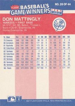 1987 Fleer Baseball's Game Winners #26 Don Mattingly Back