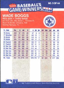 1987 Fleer Baseball's Game Winners #5 Wade Boggs Back