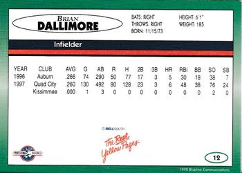 1998 Blueline Q-Cards Kissimmee Cobras #12 Brian Dallimore Back