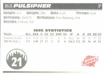1996 Kahn's New York Mets #NNO Bill Pulsipher Back