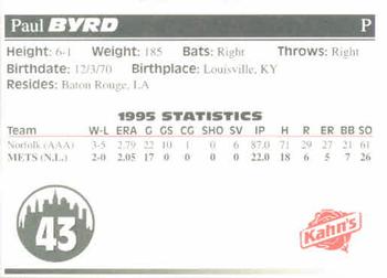 1996 Kahn's New York Mets #NNO Paul Byrd Back