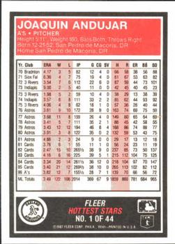 1987 Fleer Baseball's Hottest Stars #1 Joaquin Andujar Back