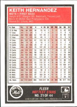 1987 Fleer Baseball's Hottest Stars #21 Keith Hernandez Back