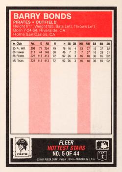 1987 Fleer Baseball's Hottest Stars #5 Barry Bonds Back