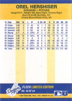 1987 Fleer Record Setters #16 Orel Hershiser Back