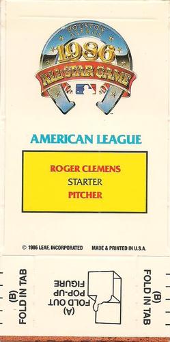 1987 Donruss All-Stars - Pop-Ups #NNO Roger Clemens Back