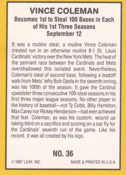 1987 Donruss Highlights #36 Vince Coleman Back