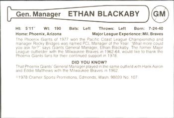 1978 Cramer Phoenix Giants #107 Ethan Blackaby Back