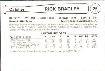 1978 Cramer Phoenix Giants #75 Rick Bradley Back