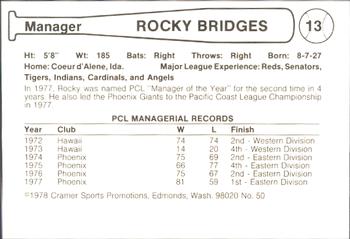 1978 Cramer Phoenix Giants #50 Rocky Bridges Back