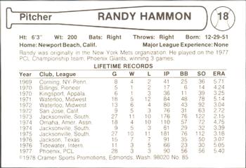 1978 Cramer Phoenix Giants #85 Randy Hammon Back