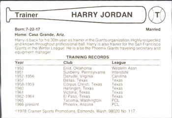 1978 Cramer Phoenix Giants #117 Harry Jordan Back