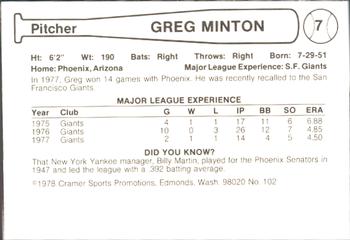1978 Cramer Phoenix Giants #102 Greg Minton Back