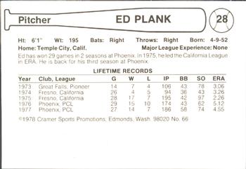1978 Cramer Phoenix Giants #66 Ed Plank Back