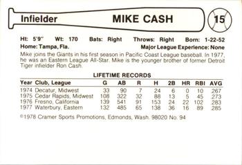 1978 Cramer Phoenix Giants #94 Mike Cash Back