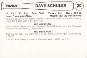 1978 Cramer Salt Lake Gulls #103 Dave Schuler Back