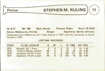 1978 Cramer Spokane Indians #NNO Stephen Ruling Back