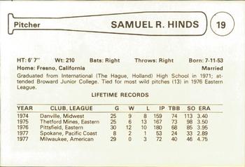 1978 Cramer Spokane Indians #NNO Samuel Hinds Back