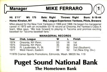 1978 Cramer Tacoma Yankees #119 Mike Ferraro Back