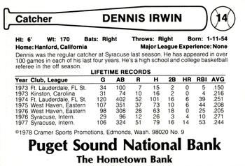 1978 Cramer Tacoma Yankees #9 Dennis Irwin Back