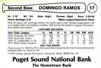 1978 Cramer Tacoma Yankees #78 Domingo Ramos Back