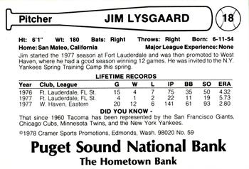 1978 Cramer Tacoma Yankees #59 Jim Lysgaard Back