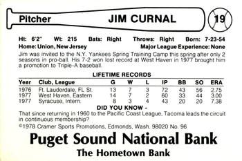 1978 Cramer Tacoma Yankees #96 Jim Curnal Back