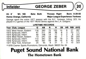 1978 Cramer Tacoma Yankees #64 George Zeber Back