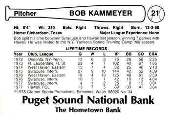 1978 Cramer Tacoma Yankees #34 Bob Kammeyer Back