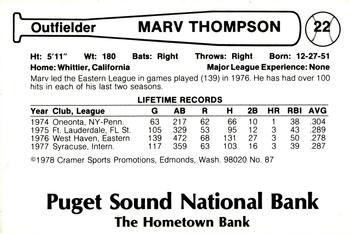 1978 Cramer Tacoma Yankees #87 Marv Thompson Back