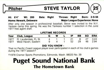 1978 Cramer Tacoma Yankees #39 Steve Taylor Back