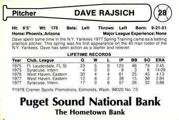 1978 Cramer Tacoma Yankees #73 Dave Rajsich Back