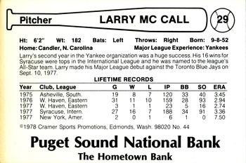 1978 Cramer Tacoma Yankees #44 Larry McCall Back