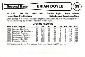 1978 Cramer Tacoma Yankees #14 Brian Doyle Back