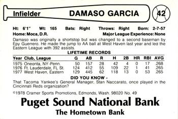 1978 Cramer Tacoma Yankees #49 Damaso Garcia Back