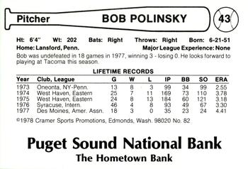 1978 Cramer Tacoma Yankees #82 Bob Polinsky Back