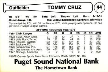 1978 Cramer Tacoma Yankees #105 Tommy Cruz Back