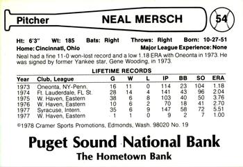 1978 Cramer Tacoma Yankees #19 Neal Mersch Back