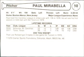 1978 Cramer Tucson Toros #48 Paul Mirabella Back