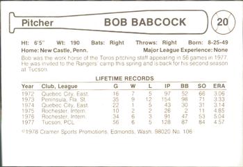 1978 Cramer Tucson Toros #106 Bob Babcock Back