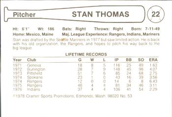 1978 Cramer Tucson Toros #53 Stan Thomas Back