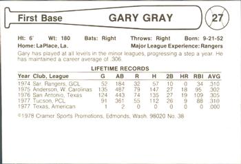 1978 Cramer Tucson Toros #38 Gary Gray Back