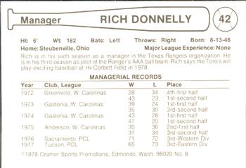 1978 Cramer Tucson Toros #8 Rich Donnelly Back