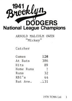 1978 TCMA 1941 Brooklyn Dodgers #1 Mickey Owen Back